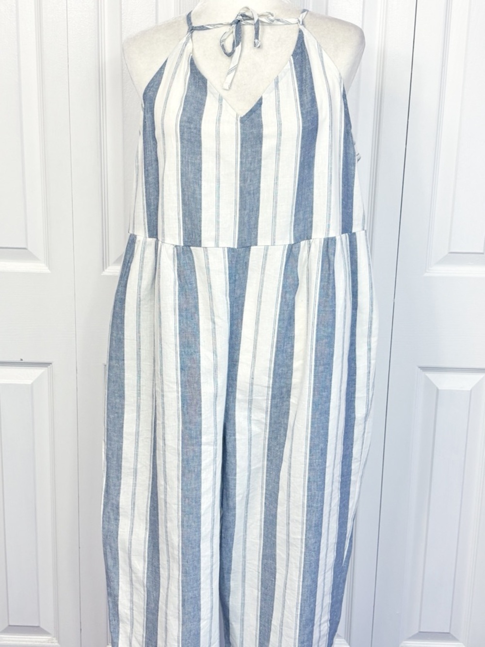 Madewell Coastal Blue Stripe Linen Blend Tie Strap Coverup Jumpsuit Large